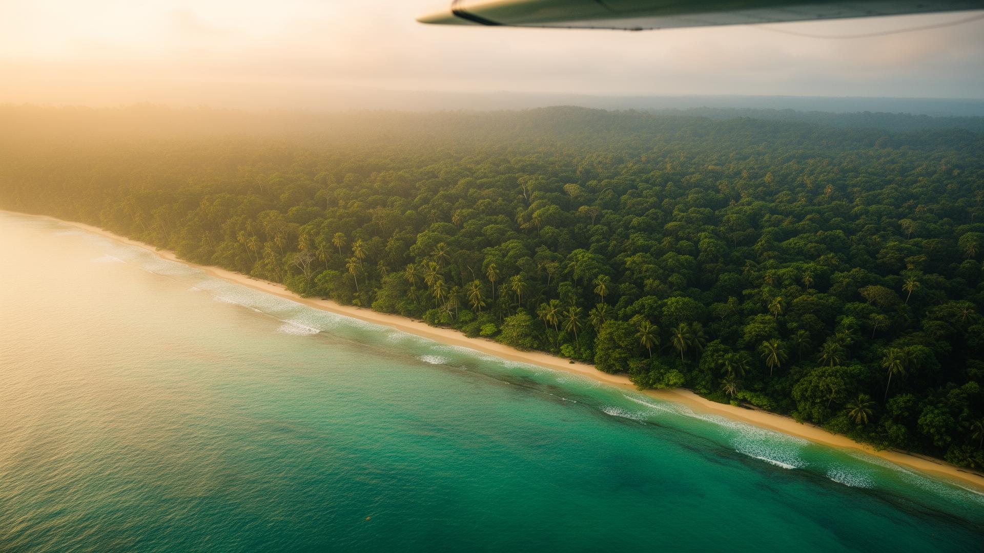 Aerial view of an emerald coastline from an airplane window